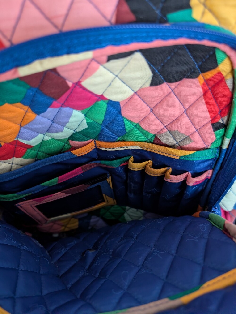 Large Vera Bradley Navy Quilted Lined Colorful Patchwork Backpack. - Picture 5 of 6